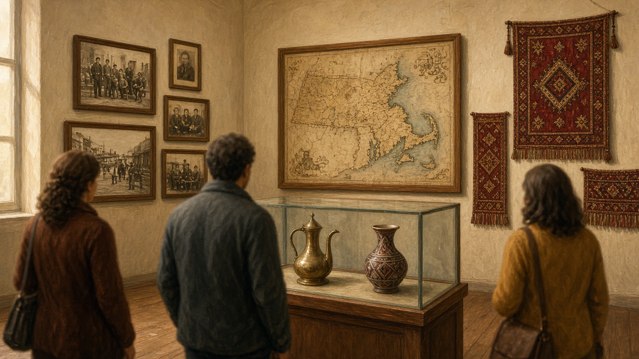 Illustration of a museum gallery with historic family photos, a Massachusetts map and Levantine textiles