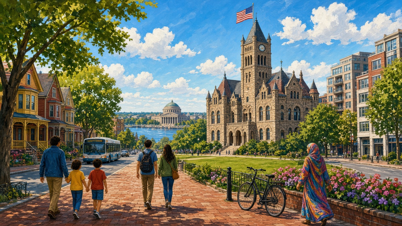 Painted illustration of Cambridge City Hall on a sunny day, with triple-decker houses, new apartments, the river and residents walking