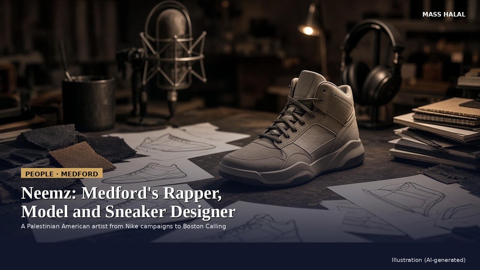 Sneaker design desk with sketches (AI illustration)
