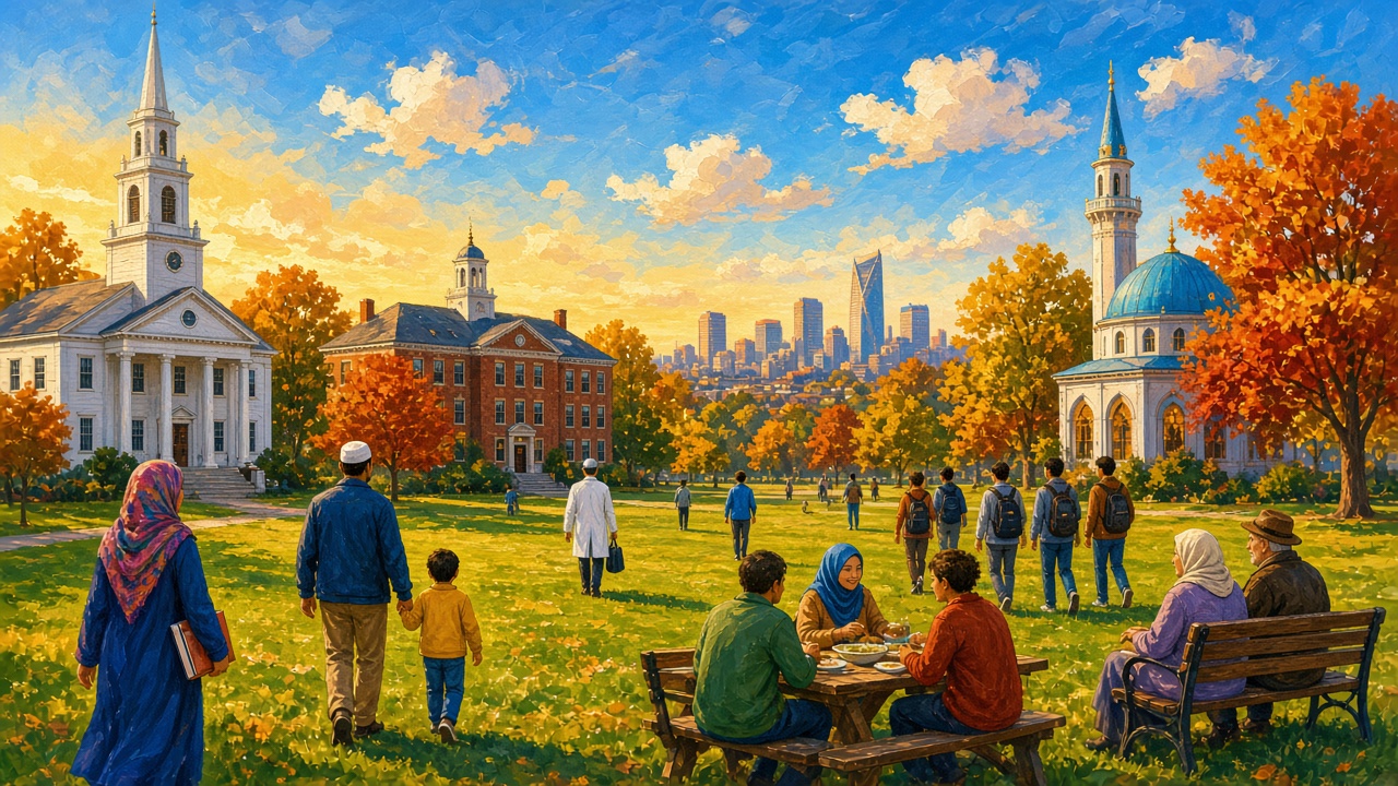 Illustration of Muslims and neighbors gathering in an autumn park with a church, mosque and Boston skyline.