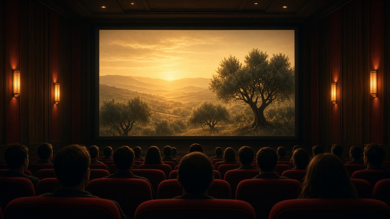 Illustration of a warmly lit cinema with an audience in silhouette watching a sunset scene of olive trees