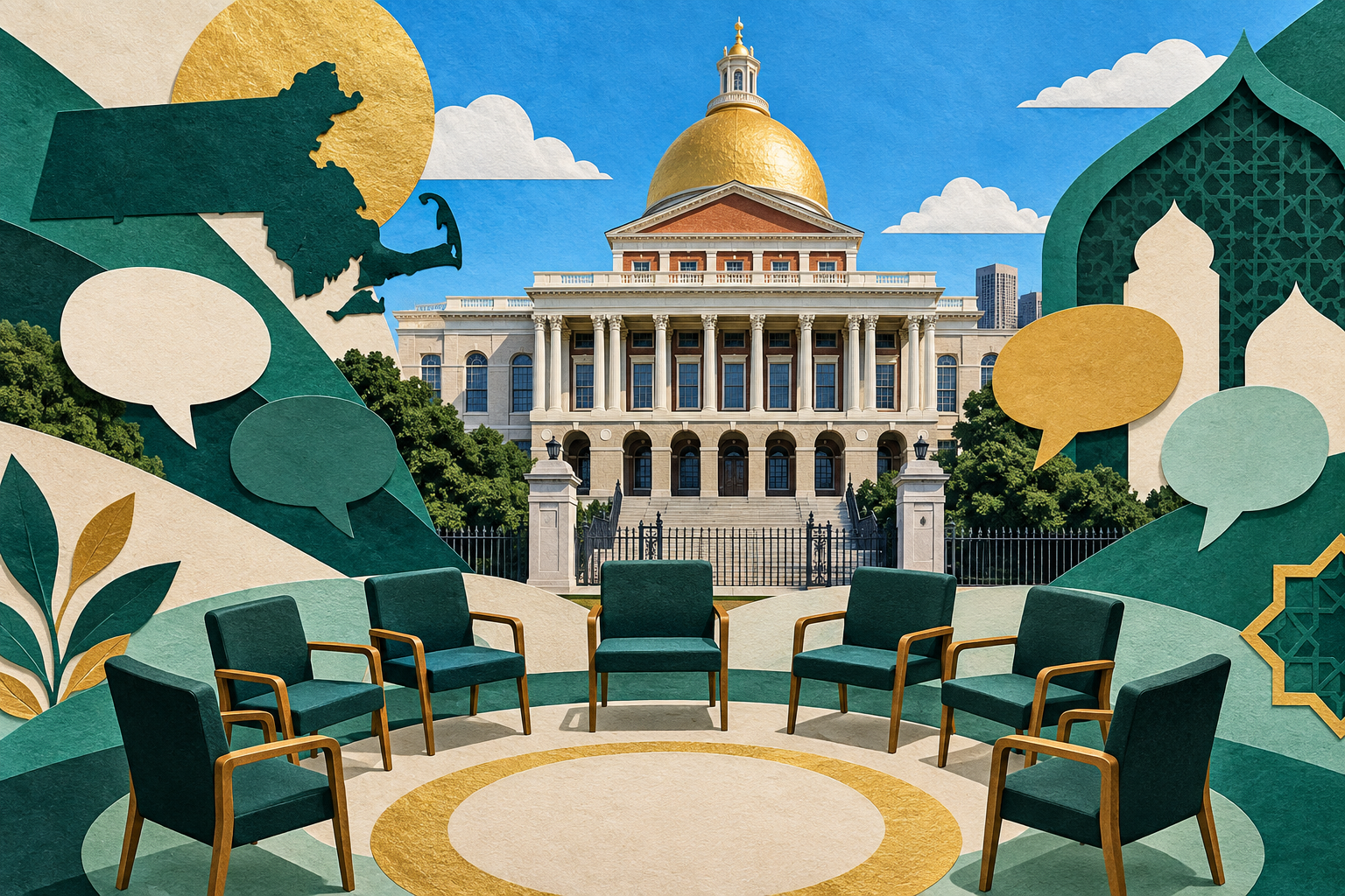 Green and gold cut-paper illustration of the Massachusetts State House and council chairs symbolizing community representation.