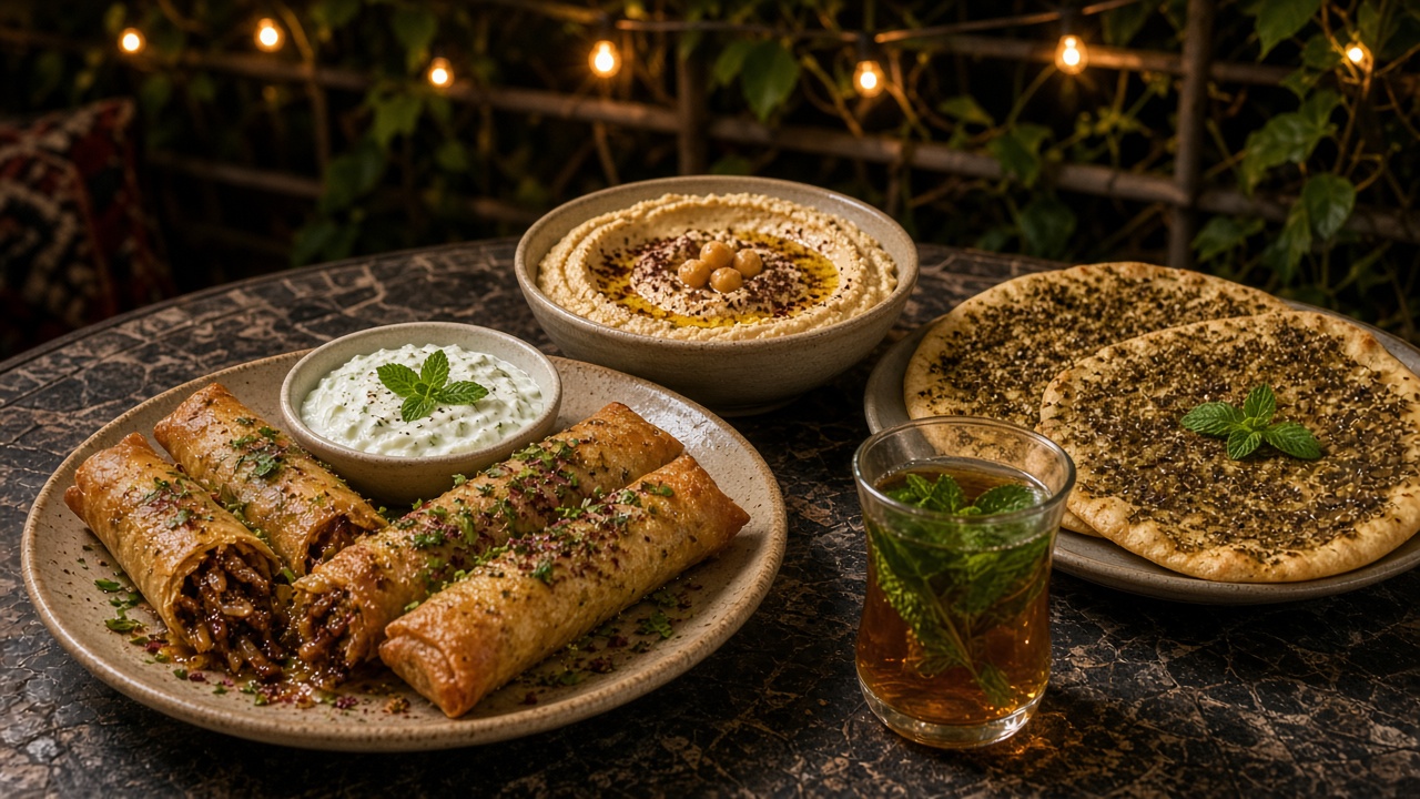 Illustration of musakhan rolls, hummus, za'atar flatbread and mint tea on a patio table under string lights