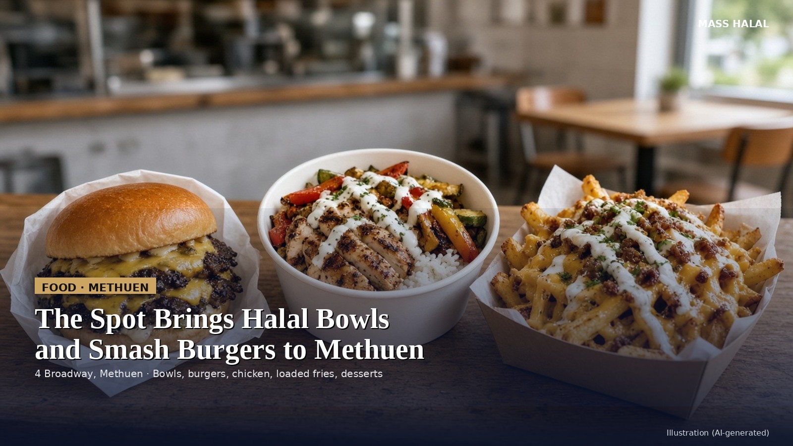 Illustration of a smash burger, chicken rice bowl and loaded fries on a wooden counter.