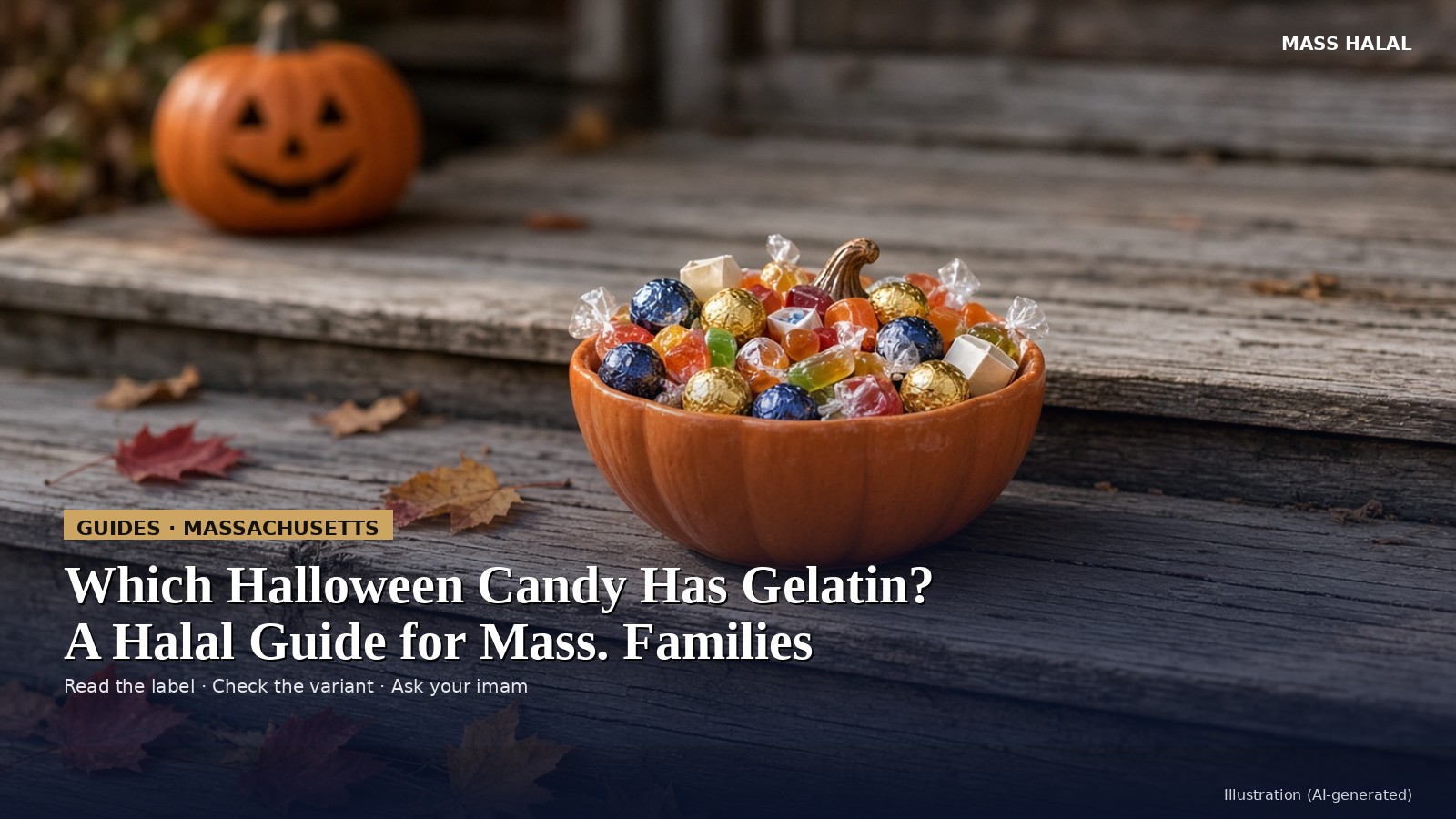 Illustration of a pumpkin bowl of unbranded Halloween candy on a New England porch step.