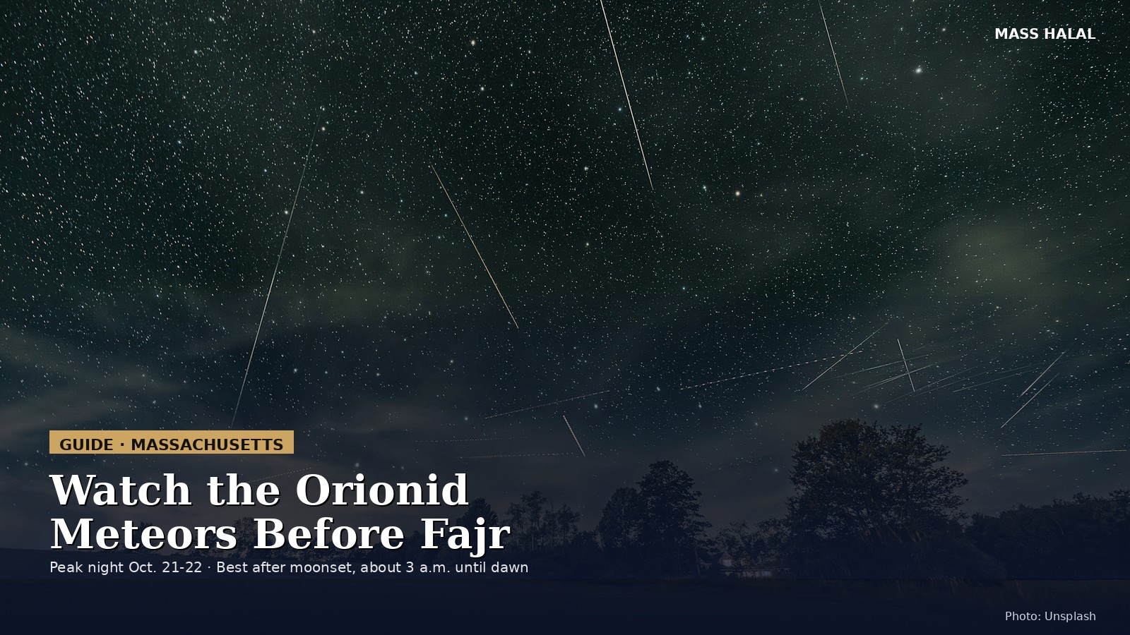 Orionid meteors streaking over a Massachusetts night sky before dawn