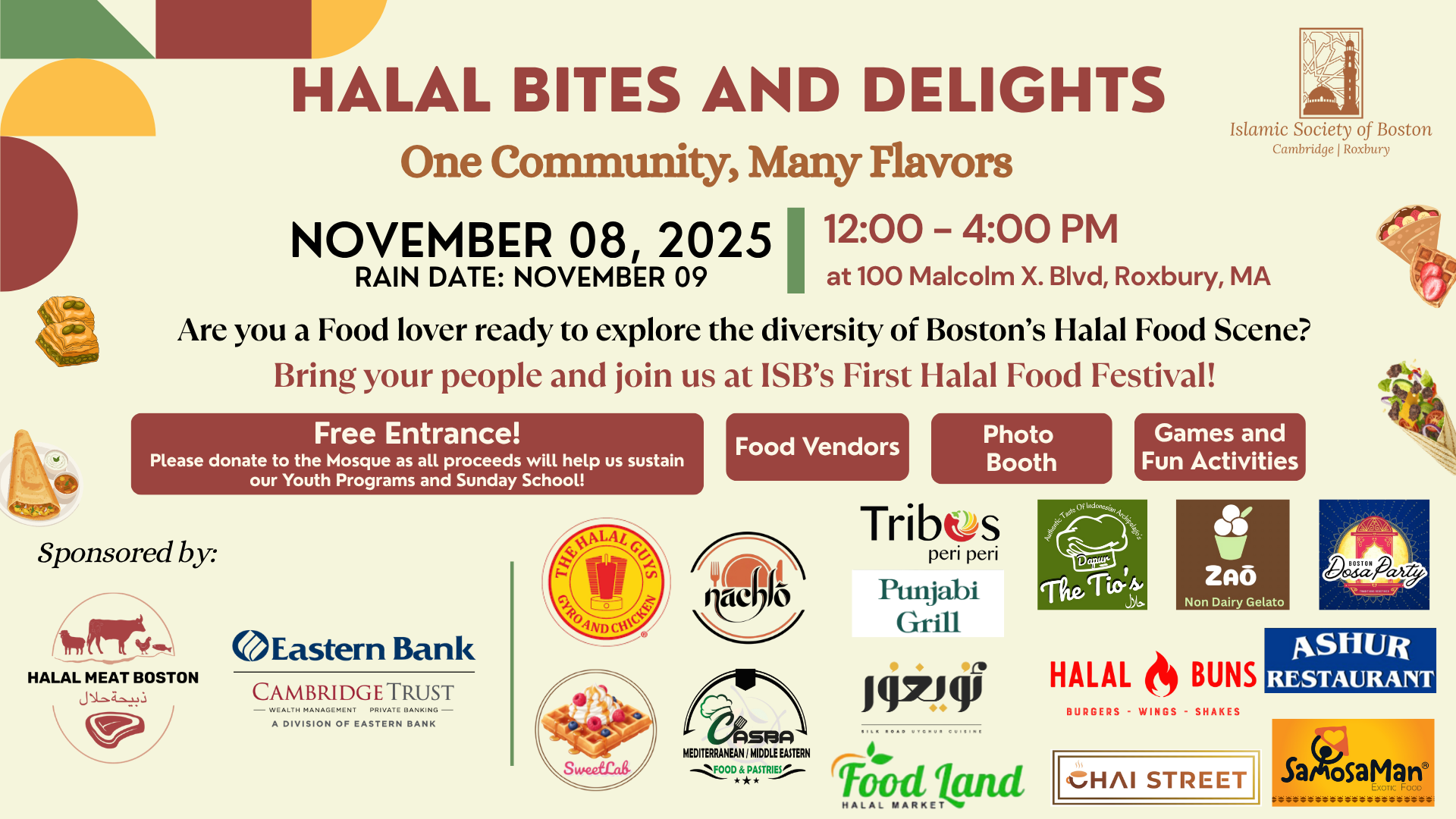 Previous-edition ISB Halal Bites and Delights flyer dated November 8, 2025. The next festival date is unconfirmed.