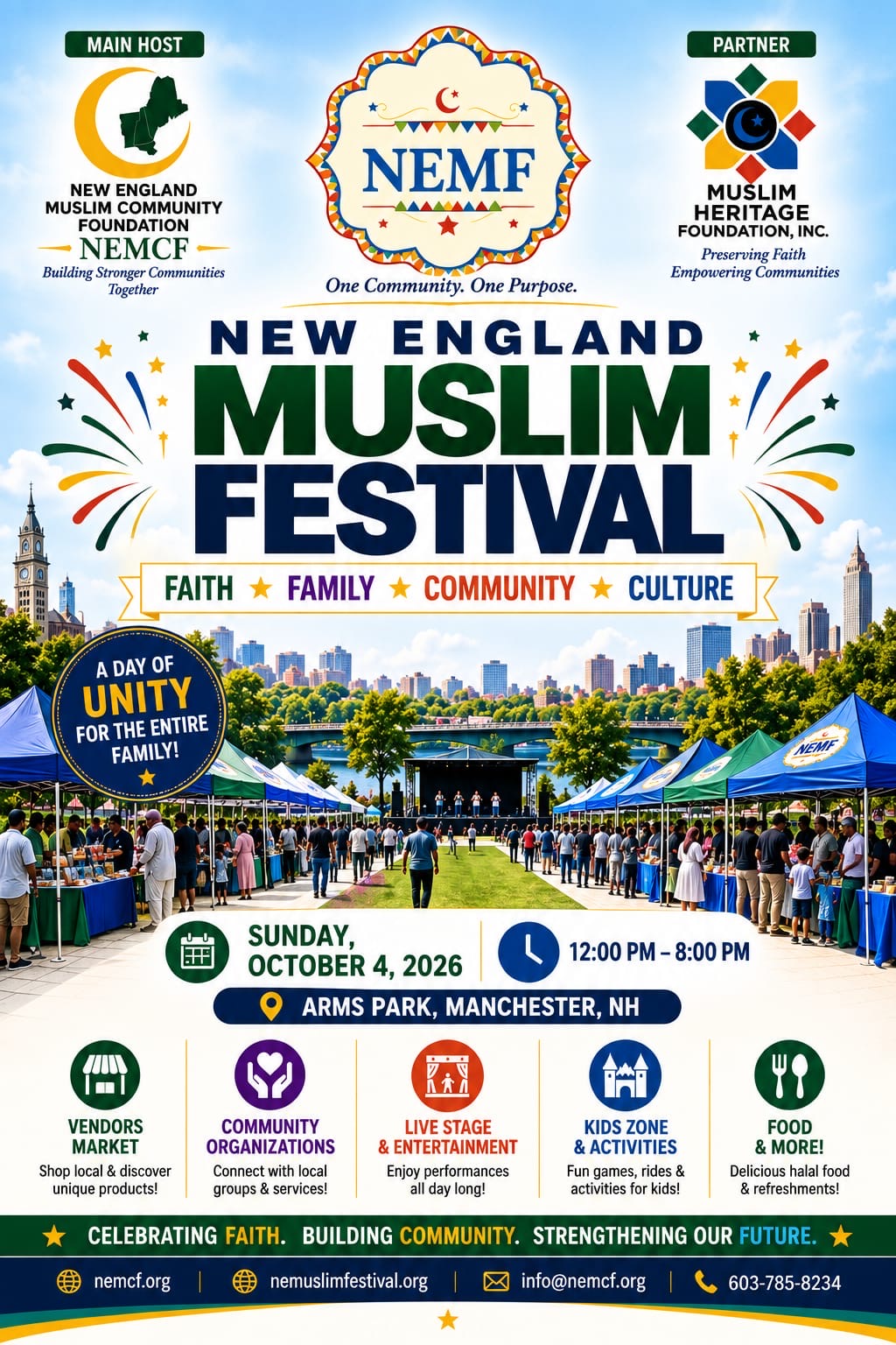 New England Muslim Festival flyer: October 4, 2026, noon to 8 PM, Arms Park, Manchester, New Hampshire.