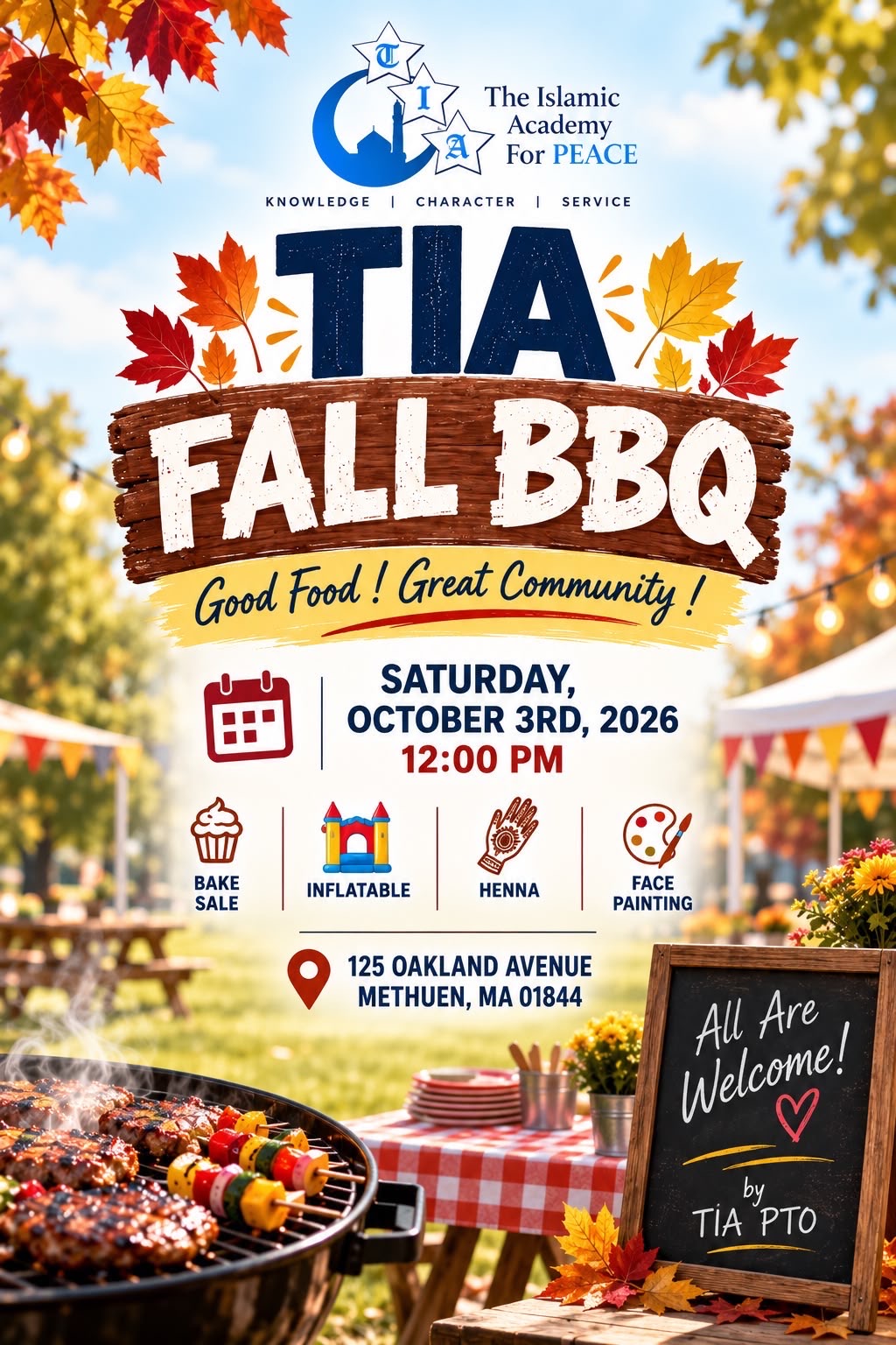TIA Fall BBQ flyer: Saturday, October 3, 2026 at 12:00 PM, 125 Oakland Avenue, Methuen, MA 01844. Bake sale, inflatable, henna and face painting. All are welcome.